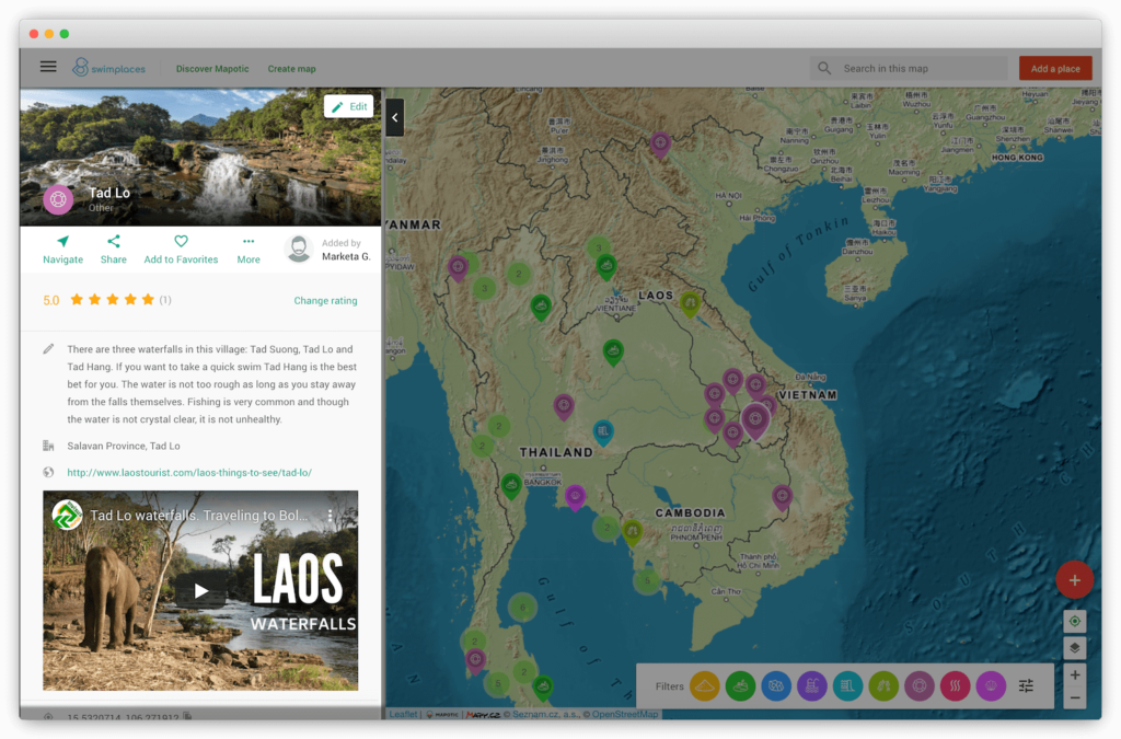 Mapotic umožňuje vložit k místu v mapě vyčerpávající informace, obrázky nebo videa